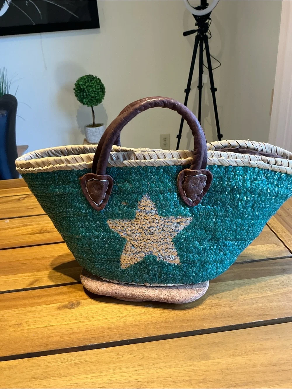 Green Woven Tote with Star Accent and Brown Handles